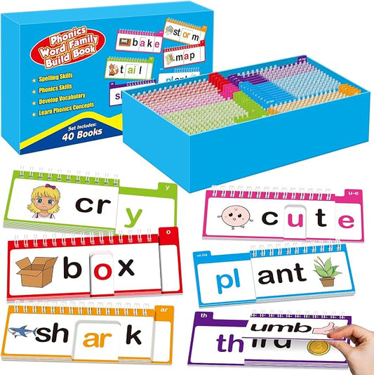 Word Family Build Book, 40 Read and Rhyme Flip Books, Learn to Read Phonics Flash Cards, Sight Words Flash Cards Kindergarten Flip Books for Kids Homeschool Preschool Learning Activities