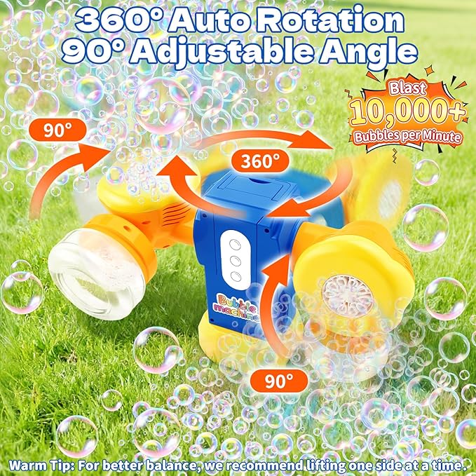 Dual-Engine Bubble Machine with LED Lights & Automatic 360° Rotation & 90° Adjustable, Type-C Rechargeable Bubble Blower Maker for Kids Birthday Parties Weddings Outdoor Activities