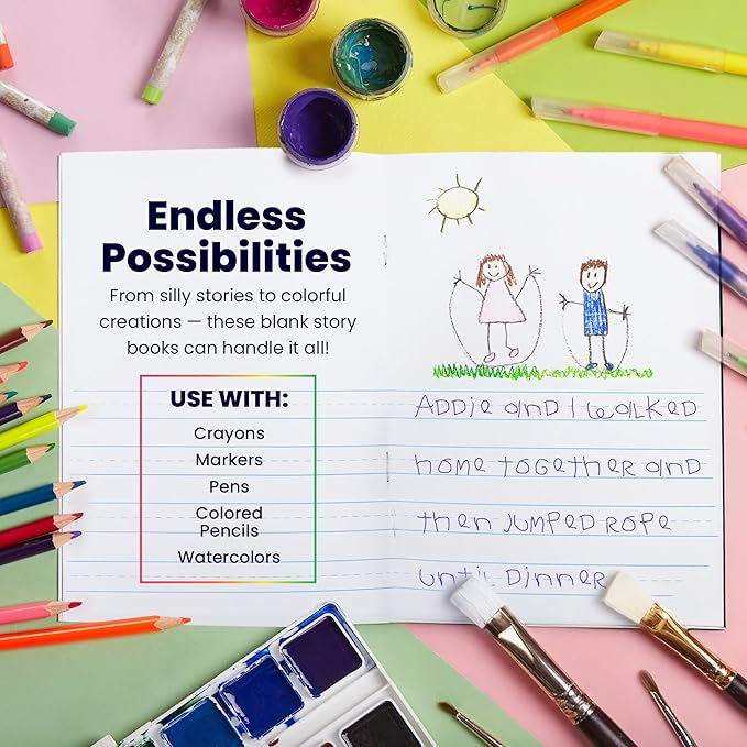 Hygloss Half Blank Books for Kids to Write Stories & Illustrate – Bulk 6 Pack – 5.5" x 8.5" A5 Primary Journal for Grades K-2, Preschool/Kindergarten Notebook with Picture Space – 24 Pages, Colored
