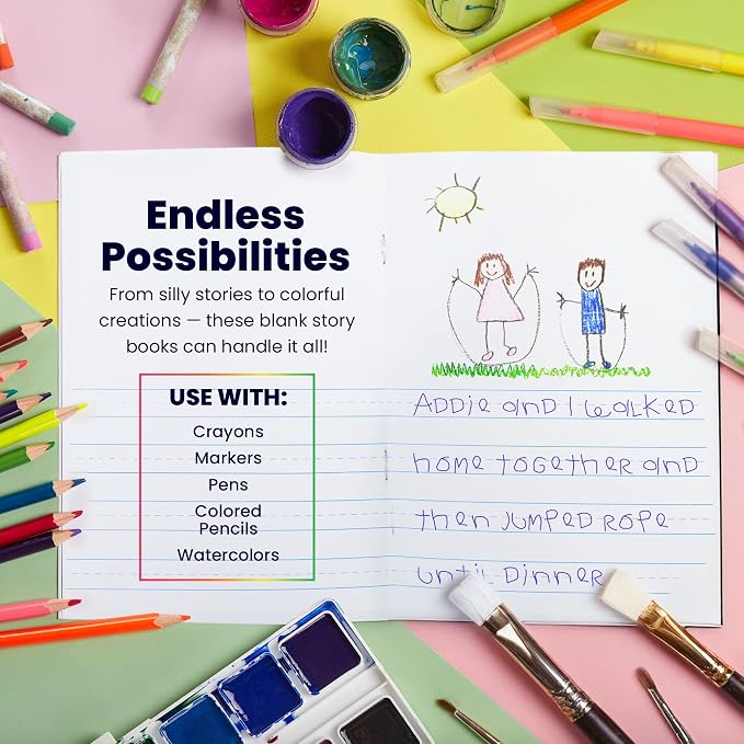 Hygloss Half Blank Books for Kids to Write Stories & Illustrate – Bulk 48 Pack – 5.5" x 8.5" A5 Primary Journal for Grades K-2, Preschool/Kindergarten Notebook with Picture Space – 24 Pages, Colored