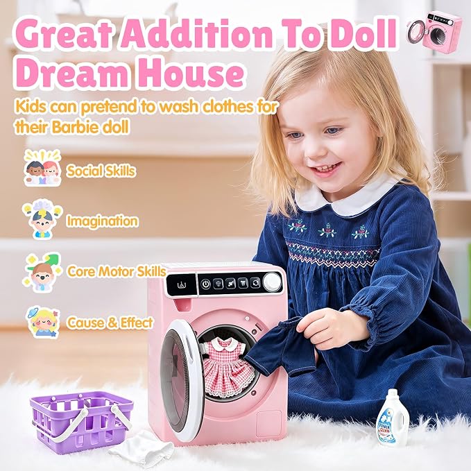 Kids Toy Washing Machine, Realistic Pretend Play Appliance for Girls, Interactive Toy Dollhouse Furniture, Play Washer and Dryer Playset with Spinning Drum (Pink)