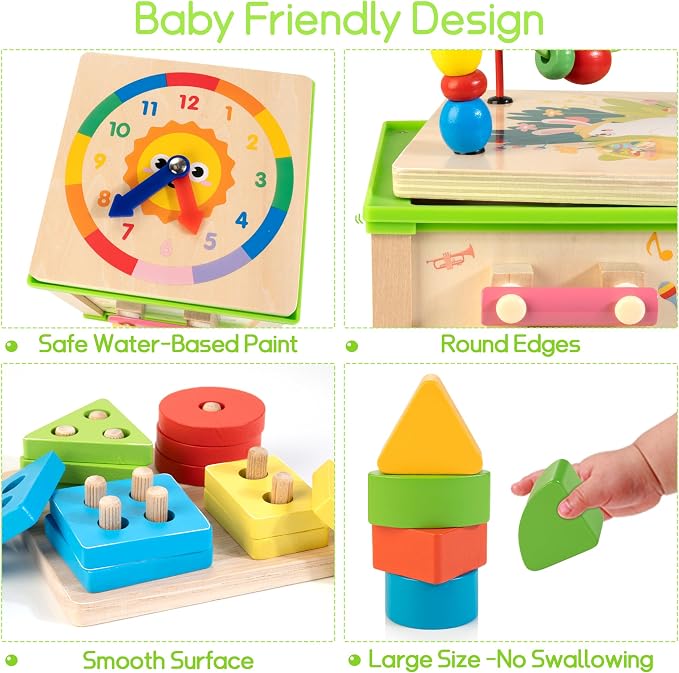WOODMAM Wooden 7-in-1 Activity Cube| Montessori Toys for 1 Year Old Toddlers| Baby Educational Developmental Toys |One Year Old Boys Girls First Birthday Gifts |Bonus Sorting & Stacking Board