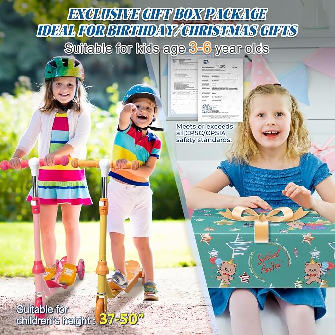 Kids Scooter Ages 3-7, 3 Wheel Scooter with LED Light Up Wheels, Safer Steering & Adjustable Handlebar, Wide Anti-Slip Deck, Heavy Duty Metal Kick Scooter for Boys Girls Toy Gift, Up to 110 lbs