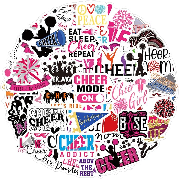 QTL Cheer Stickers for Girls Teens, Cheerleading Party Supplies, Waterproof Vinyl Stickers for Water Bottles Laptop, 60PCS
