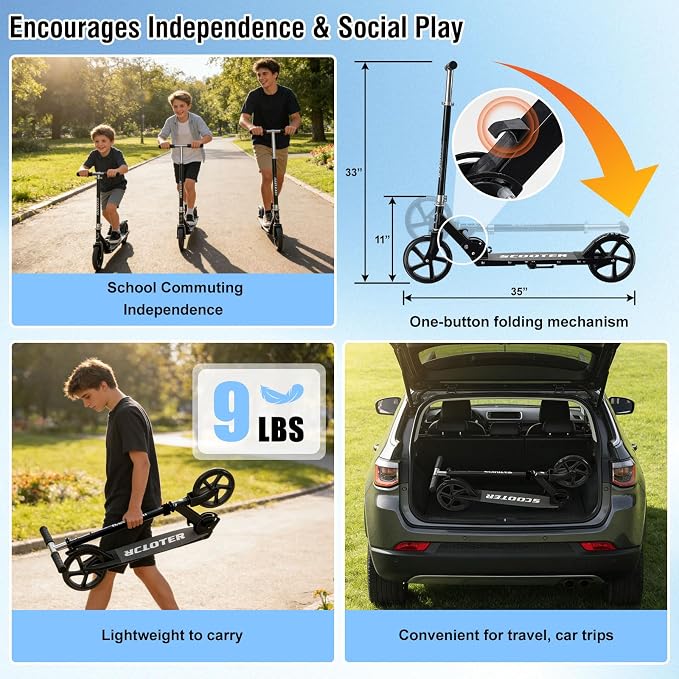 Scooter for Age 6+, Folding Kick Scooters for Kids 8-12,Teens, Adults up to 250Lbs,3 Adjustable Heights, Rear Brake, Wide Antislip Deck, Lightweight Scooter for Boys Girls