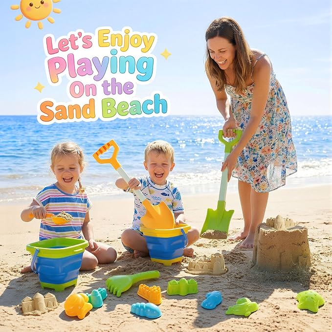 HUITEM Beach Sand Toys for Kids with 20 in Long Beach Shovels, 2 Collapsible Bucket, Sand Castle Building Kit, Sand Molds, Mesh Bag, Travel Sandbox Toys Beach Essentials for Kids Age 3-10