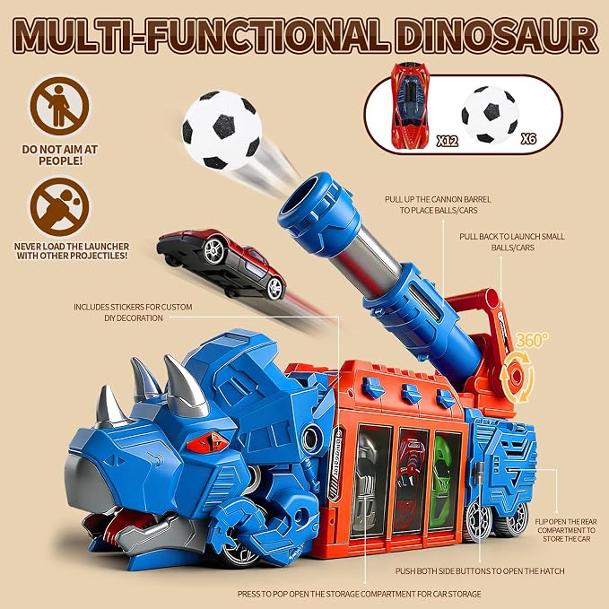 STBEIMEIMY Triceratops Dinosaur Truck, Foldable Storage & Shooting with 10 Cars Foldable Storage Holds 10 Cars & 12 Soft Balls, Sturdy Non-Toxic Build, Indoor & Outdoor Play