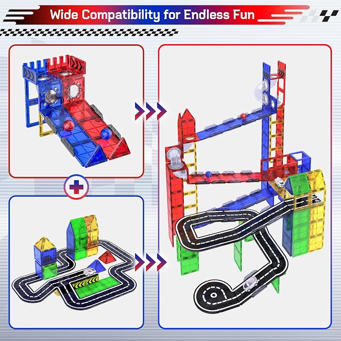73pcs Magnetic Tiles for Kids Ages 4-8, STEM Magnetic Tiles Race Track & Marble Run, Preschool Magnetic Tile Rails Expansion Set, Creative Magnet Building Blocks for 4+ Year Old Boys Birthday Gifts