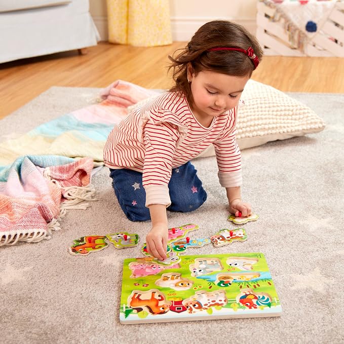 B. toys – Peek & Explore – Farm Animals – Wooden Peg Puzzle – Toddler Puzzle with 8 Animal Pieces – Cow, Horse, Sheep & More – 2+ Years