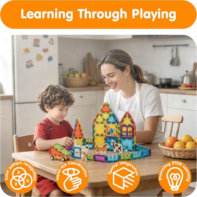 Magnetic Tiles Farm Animals 52PCS, STEM Toys Magnet Building Blocks for Toddler Ages 3-8, Kids Construction Stacking Tiles Toys Gifts for Boys Girls