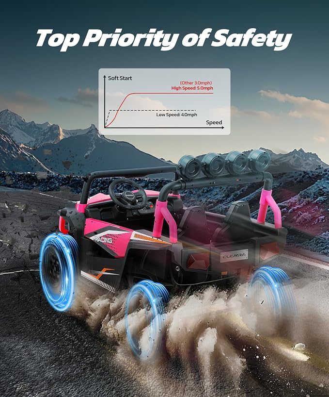 ELEMARA 2 Seater 24V Ride on Toys for Big Kids,Electric Car for Kids w/Parent Remote Control,Heavy-Duty Electric Ride On Truck w/ 4-Wheeler Suspension,5 Mph Max Speed,Bluetooth,Rainbowlight*4,Pink