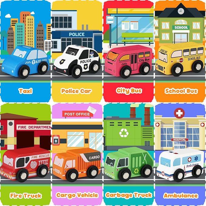Toddler Car Toys, Toy Cars for Toddlers, Wooden Cars Toys for Toddler Boy, 22 PCS Cars and Trucks Toy Vehicles Set with Playmat, Storage Box, Wood Montessori Toys for Baby Birthday Gift