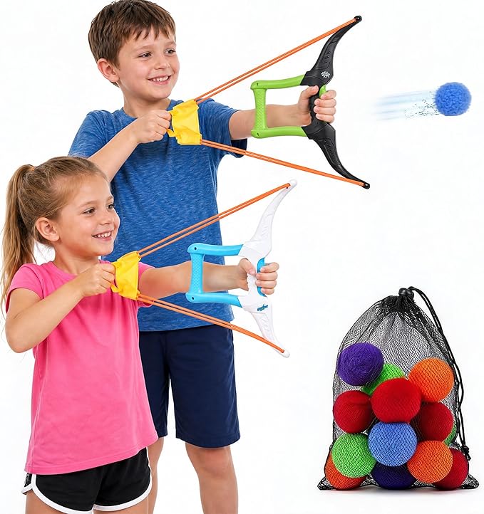 Water Balloon Launcher, 2 Bow Launchers Toy with 24 Pcs Reusable Water Absorption Cotton Balls, Outdoor Summer Yard Water Games and Pool Beach Activities for Family