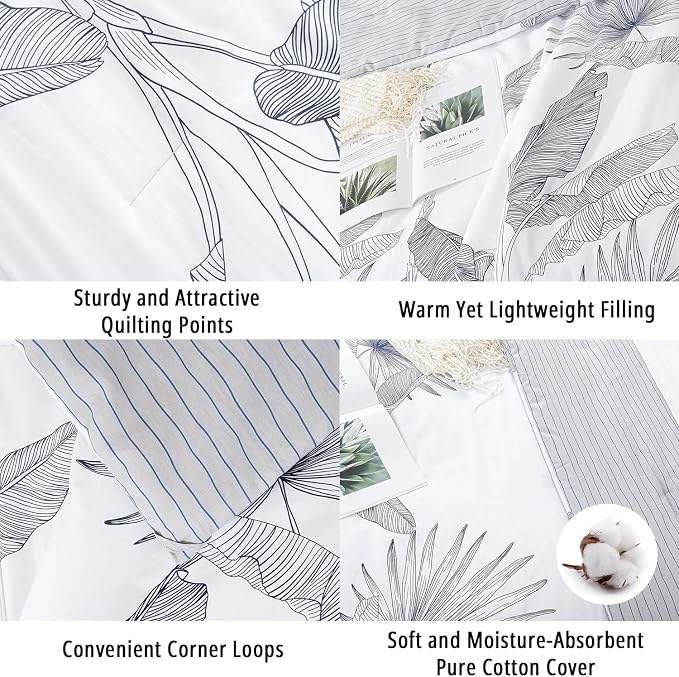 LEMIROE Botanical Cotton Comforter Queen Size - White Comforter with Delicate Black Leaves Patterns,Grey Reversible Lightweight Bedding Sets 3Pcs(Stripes)