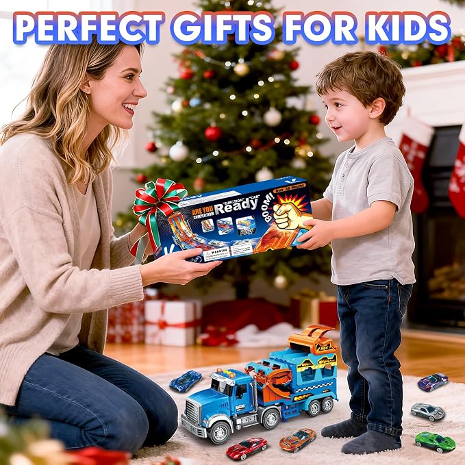 Truck Car Toys for 3, 4, 5, 6, 7, 8 Years Old Kids, Carrier Truck Race Track Toys, Foldable Transport Car Toys with Foldable Race Tracks and 6 Metal Cars, Birthday Gifts for Toddler Boys Girls (Blue)