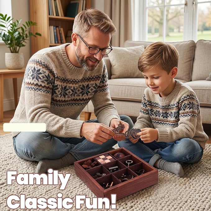 9 Pcs Brain Teaser Puzzles for Adults Teens - Brain Teaser Puzzles with Wooden Box 3D Puzzle Game Toys for Adults Teens - Unlock Interlocking Puzzle Adults Teens IQ Education Smart Toys