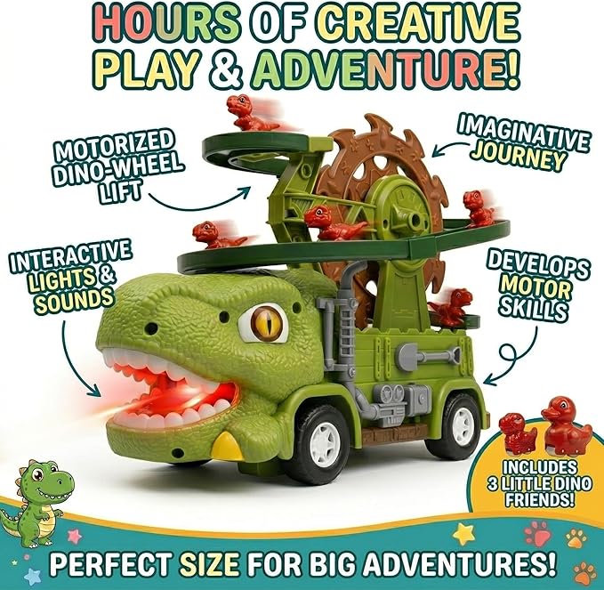Dinosaur Truck Toy For Kids Ages 3 4 5 6 7 8, 3-in-1 Dinosaur Truck, 3 Sliding Little Dinos On Tracks , & Glow in Dark Mode. Includes Obstacle Detection For Continuous Play And Endless Adventure.