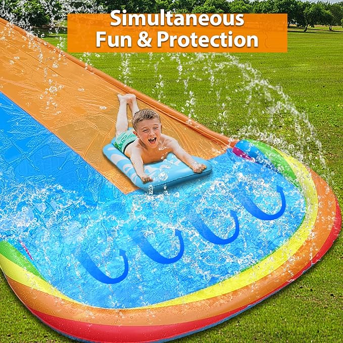 MorTime 22.5ft Slip Water Slide with Sprinklers, Slip and Slide with 2 Inflatable Bodyboards and Splash Pool Waterslide Backyard Lawn Outdoor Water Toy