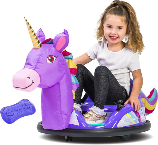6V Unicorn Toys Bumper Car - Kids Electric Car, Ride On Toddler Toy, Toddler Boys, w/Music, Parent Remote Control, LED Light, 360° Spin, 1 MPH, Auto-inflated, Max Weight of 66lbs, Age 1.5-4