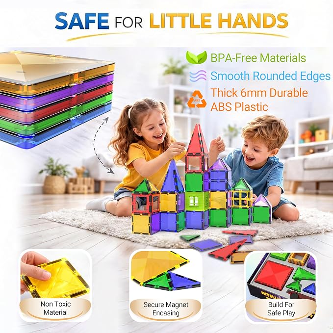 Magnetic Tiles Building Blocks Toy - STEM Educational Magnet Set for Kids, Creativity Preschool Learning Sensory Montessori Toddler Toys for Boys & Girls 3+ Years Old - 57PC