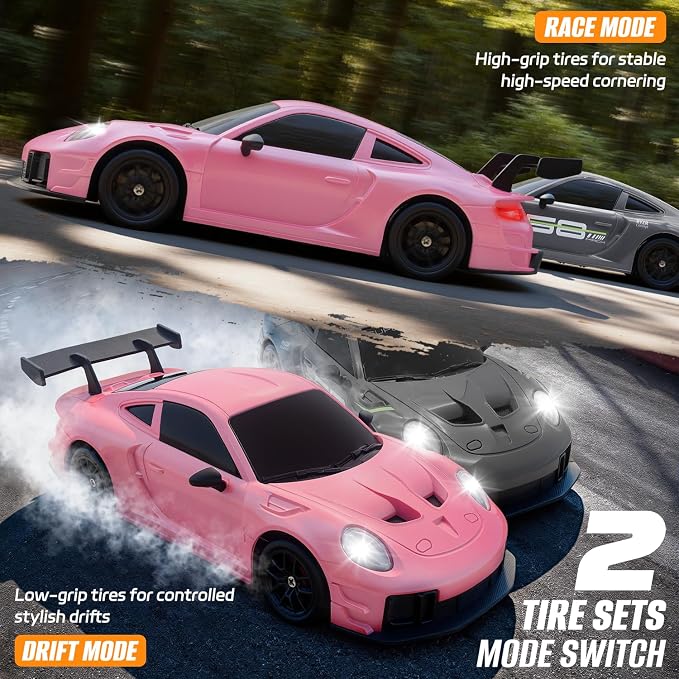 RC Drift Car, 1:24 4WD Remote Control Cars Vehicle with LED Light,2.4GHz 20KM/H High Speed RC Cars with Two Batteries & Drifting Tires Racing Sport Toy for Adults Boys Girls Kids Pink