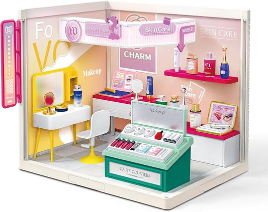 MINDNOOK DIY Miniature House Kit, LED Light-Up Dollhouse, Mini Dollhouse Building Set with Furniture, Craft Hobby Gift for Adults, Teens & Kids Ages 6+ (Cosmetics Store)