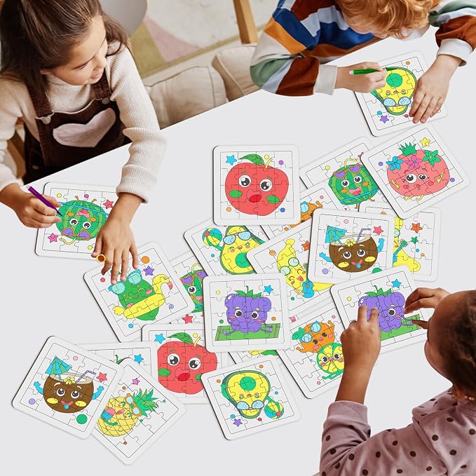 Cinrobiye 24 Pcs Fruit Coloring Puzzle Craft Kit for Kids, DIY Tropical Fruit Jigsaw Puzzles Bulk with 12 Designs, Summer Arts and Crafts for Tutti Frutti Party Favors, Classroom Rewards