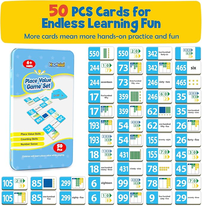 Kasfalci Place Value Dominoes Set Flash Cards, 50 PCS Math Learning Games for Kids, Montessori Counting Toys, Math Skills, Math Manipulatives, Preschool Kindergarten Classroom Must Haves,1-3 Grade