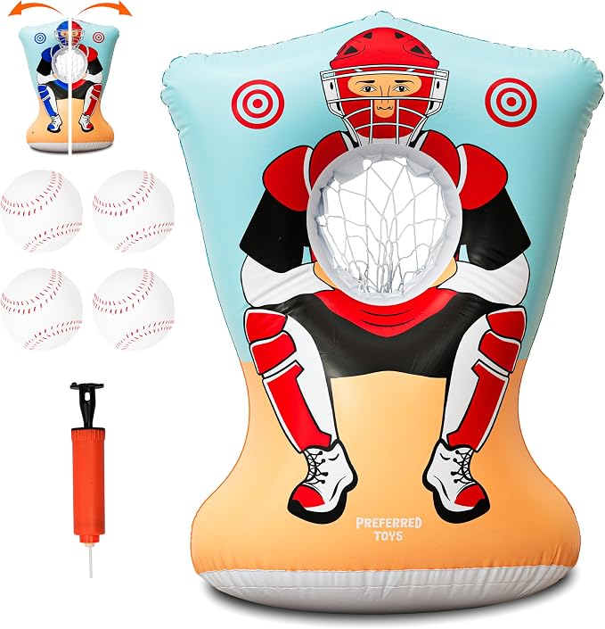 Preferred Toys Inflatable Baseball Pitching Target for Kids 3 and Above - Double-Sided Throwing Toss Game with 4 Soft Balls - Indoor Outdoor Baseball Toys Training Equipment - Red/Blue