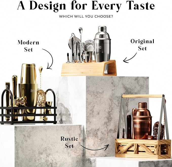 BARE BARREL® Mixology Bartender Kit Bar Set | 16-Piece Cocktail Shaker Set | Martini Barware Mixing Tools for Home Bartending | Incl. 35 Recipe Cards | Gift Set (28oz Boston Shaker, Silver/Natural)