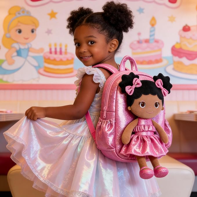 Lazada Toddler Backpack - Baby Girl Gifts Curly Fingerprints Plush Doll Dress Backpack - Fashion Girls Curly Rolled Fingerprints Series - Rose Red 11 Inches