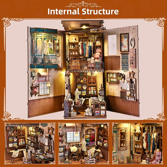 fifijoy Book Nook Kit - Sewing Room DIY Miniature House Dollhouse Kit for Adults and Teens, Booknook Tiny House Bookshelf Decor 3D Wooden Puzzle, Gifts for Family and Friends