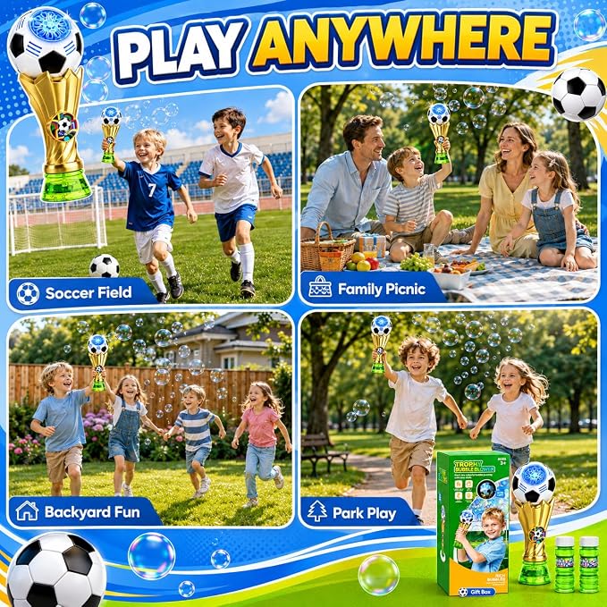 Bubble Machine for Kids, Light up Bubble Wands with 2 Solutions, Outdoor Toys for Kids Ages 3-5 4-8, Soccer Toys for Boys, Birthday Party Gift for 3 4 5 6 7 8 Years Old Boys and Girls