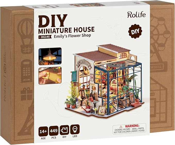 Rolife DIY Miniature House Kit Flower Shop, Tiny House Kit for Adults to Build, Mini House Making Kit with Furniture, Halloween/Christmas Decorations/Gifts for Family and Friends(Emily's Flower Shop)