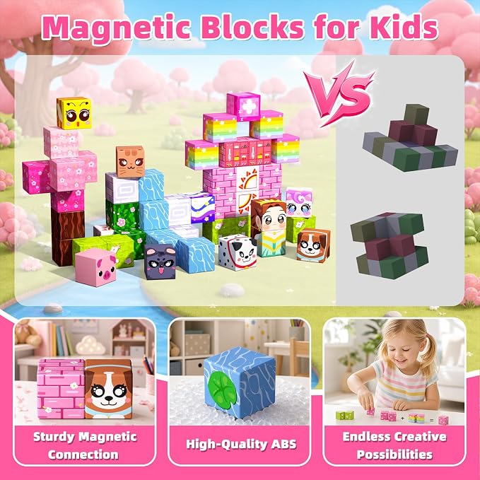 Magnetic Blocks, 48PCS Magnetic Building Cube Set for Kids Ages 3+, Constructions STEM Stacking Tiles Toy Building Birthday Gifts for Girls