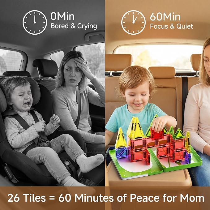 Travel Magnetic Tiles for Kids Car Games: 26 PCS Mini Magnet Building Blocks in Tin Box to Stop Crying - 0.64 lb Pocket Size Educational Toy - Road Trip Essentials - Boys Girls Age 3-8