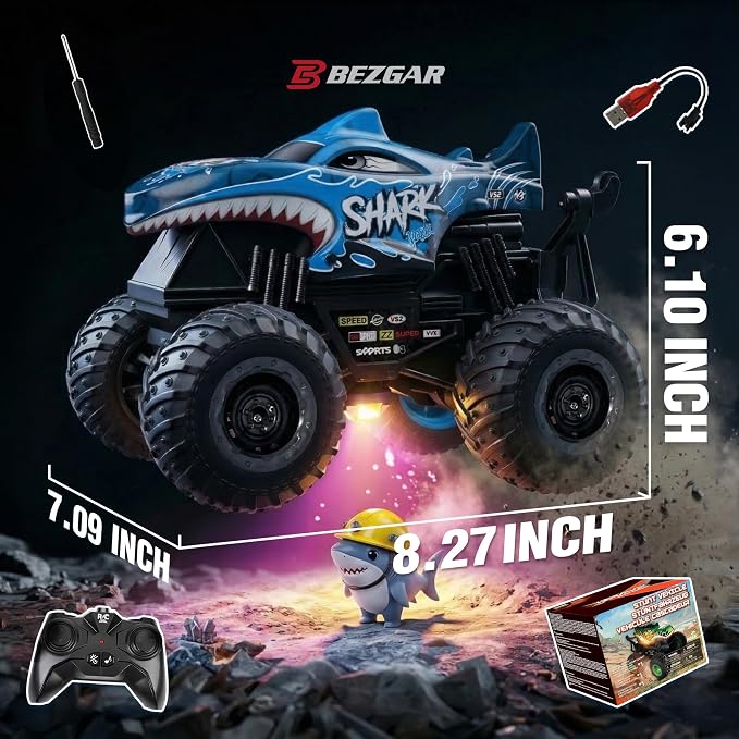 BEZGAR 1:20 Shark Monster Truck Toys, 360°Stunt RC Cars Rotation Monster Trucks with Music, 2 Batteries and Wireless LED Strobe Lights, Remote Control Car for Boys 4 5 6 7 8 9 Years Old(Blue)