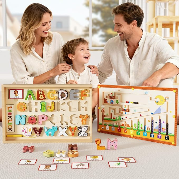4-in-1 Magnetic Color and Number Maze, ABC Animal Alphabet Puzzles with Drawing Board, Wooden Montessori Toy Storage Box for 3-5 Year Old, Toddler Educational Learning Toy for Kids Boys Girls