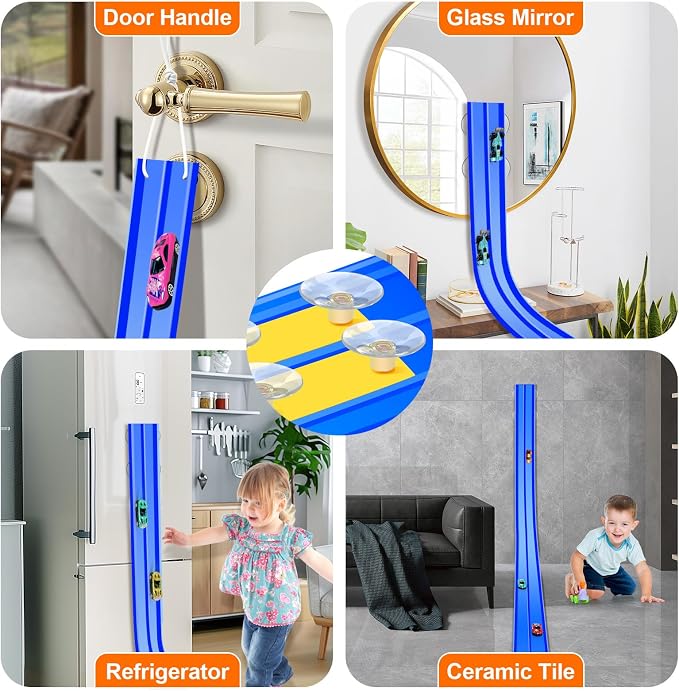 15Ft Flex Track, Flexible Race Car Track for Kids Toy with 10 Suction Cups, Rolls Up Portable Racetrack Compatible with Hot Wheels & Diecast 1/64th Cars, Birthday Gifts for Boys Girls (Blue)