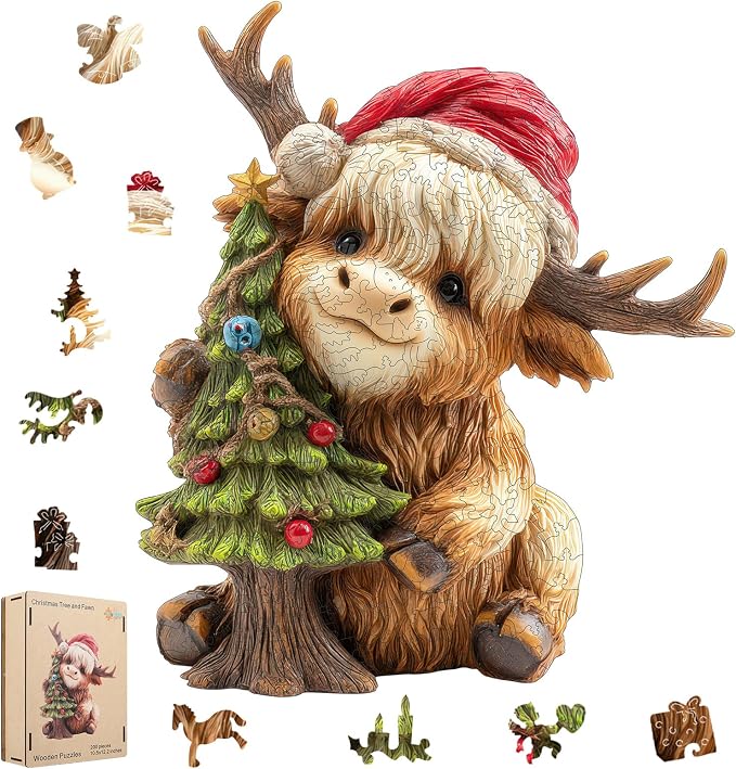 MEATRN Christmas Wooden Puzzles for Kids & Adults - Tree & Fawn Holiday Jigsaw Puzzle, 498 Pcs, 16.6"×19.2", Fun Family Game for Children’s Party, Winter Gathering, and Festive Entertainment