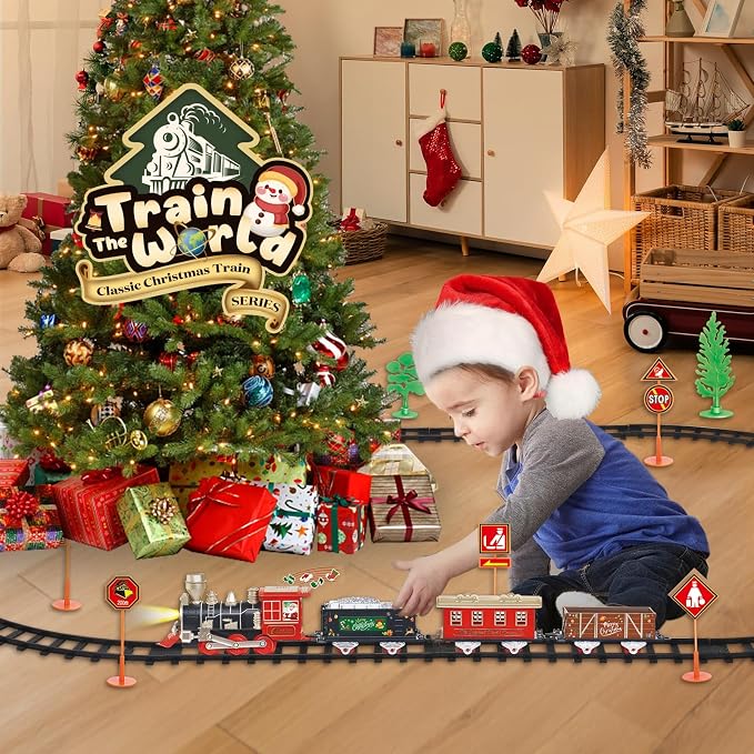 JQ JUQU Electric Train Set for Kids Ages 4-8 with Lights and Music - 20-Piece Toy Train and Tracks Set for Children, Compatible for Christmas Tree and Year-Round Play