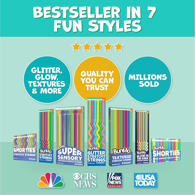 BUNMO Sensory Toys Stretchy Strings for Toddlers 3+ - Stimulating & Addictive Fidget Toys for Kids - Hours of Fun for Kids - Non-Mouthable Toy 3+ - Glitter 6 Pack