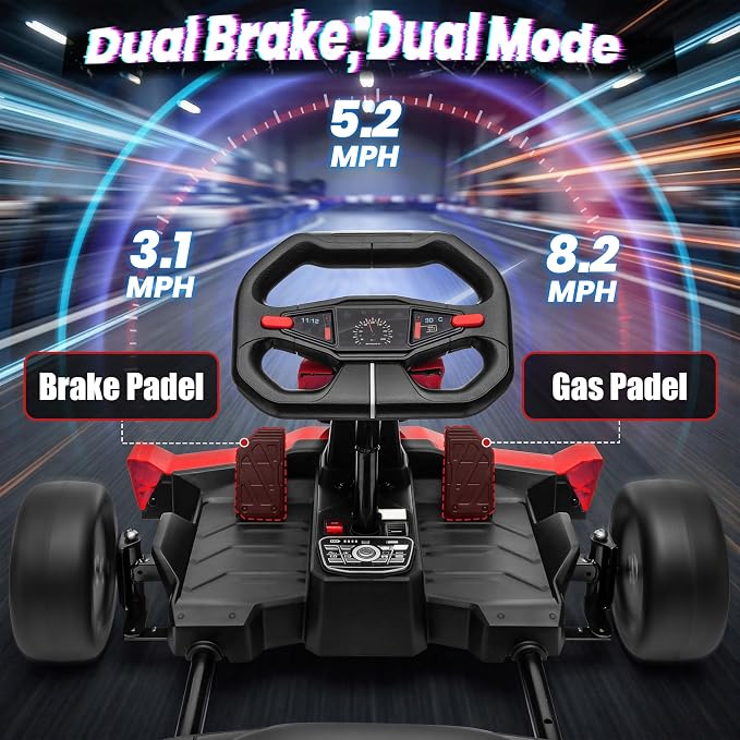 24V Electric Go Kart, Kids Drift Kart with Dual 400W Motors, Length Adjustable Seat, 8.2 MPH Max, 130LBS Max Load, Outdoor Ride on Toy Crazy Kart w/Bluetooth Music, Rainbow Light