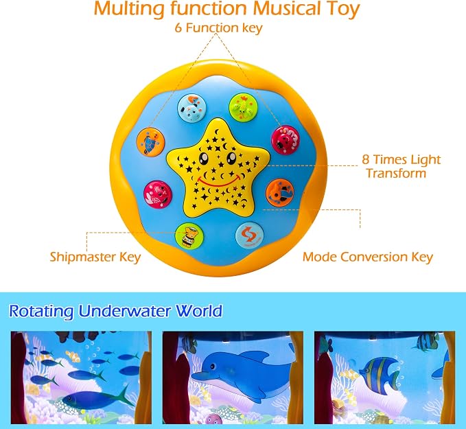 Baby Toys 6 to 12 Months Musical Light Up Tummy Time Infant Toys 3-6 7 8 9 12-18 Months Crawling Ocean Rotating Projector Baby Gifts for 1 2 3 Year Old Boy Girl Birthday Toddlers Kids
