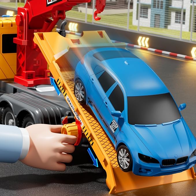 JUKUDAHU Tow Trucks for Toddlers 2-4 Years Old - Flatbed Truck Toy for Kids Aged 3-5 4-8,Friction Powered Transport Crane Toy with Light and Sound, Racing Car, Birthday Gifts for Boys Girls