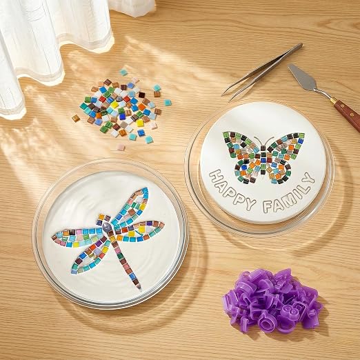 U0U 5PCS Stepping Stone Kit Includes Round Cement Molds, Mosaic Tiles and Carving Tools,DIY Garden Stepping Stone kit for Kids,Family,Outdoor Walkways Pavement Decoration (No Concrete Mix)