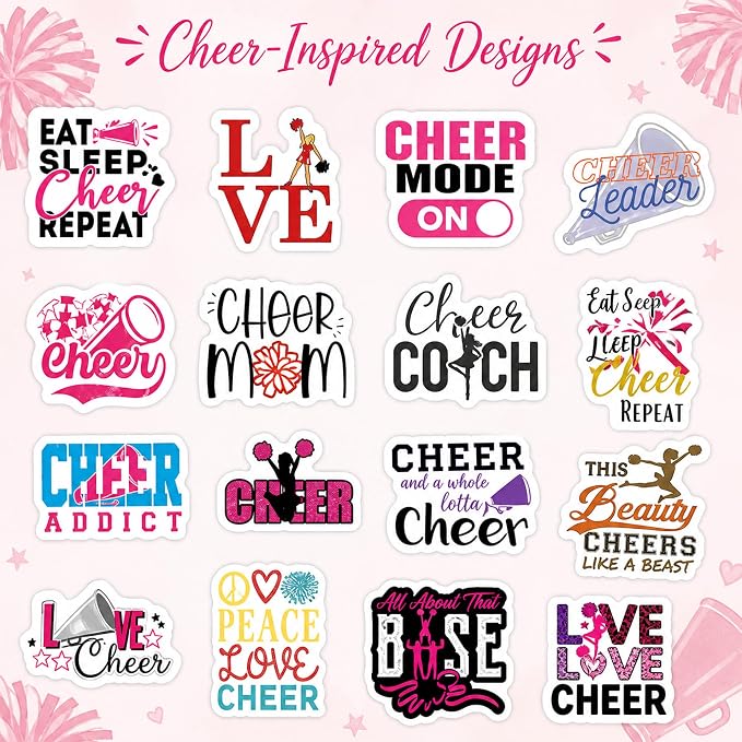 QTL Cheer Stickers for Girls Teens, Cheerleading Party Supplies, Waterproof Vinyl Stickers for Water Bottles Laptop, 60PCS