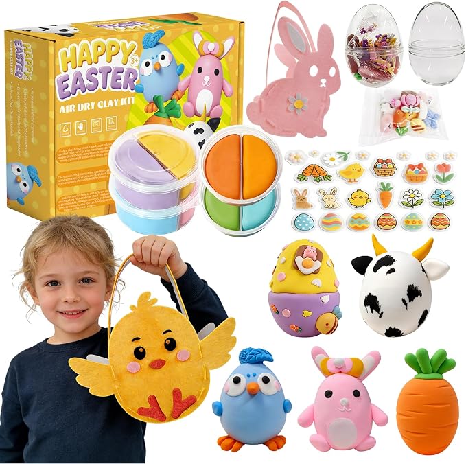8Pack Eatser Crafts Kit - Air Dry Clay Easter Eggs Crafts for Kids,Modeling Clay DIY Kit for Kids Easter Hunt,Basket Stuffers Fillers,Party Favors and Classroom Prize Supplies,for Age 3+