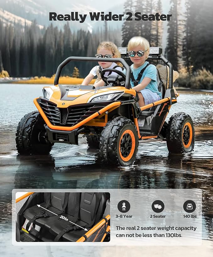ELEMARA 24V Ride on Car for Kids, 2 Seater XL 20" Seat Ride on Toy, 10AH 4WD Battery Powered 4.5MPH Electric Car with Remote, 3 Speeds, Music Gift for Ages 3-8