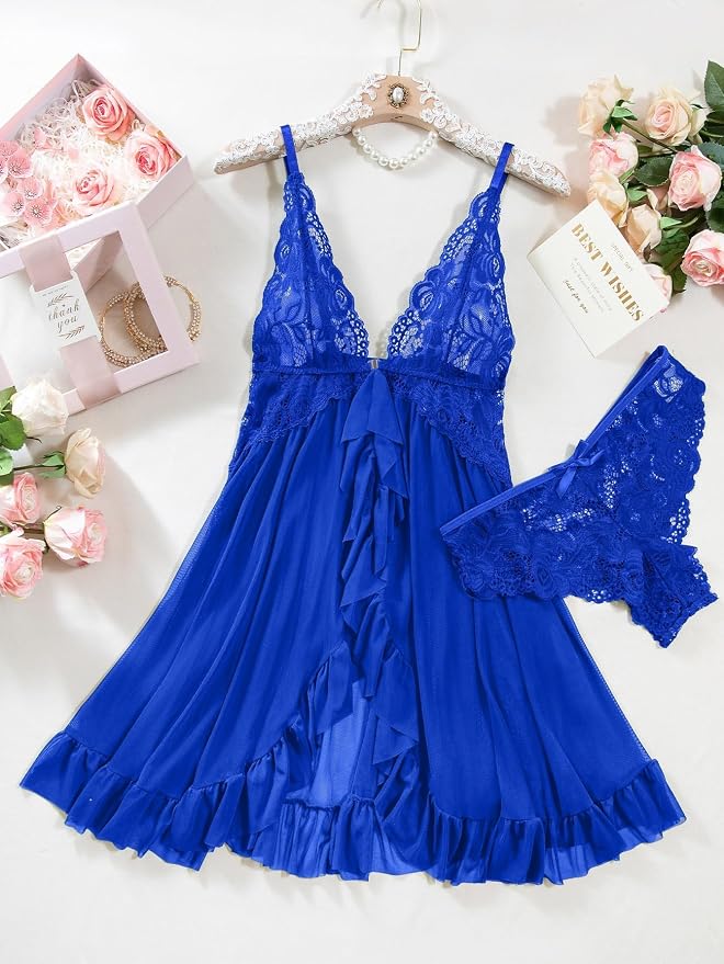 Foxiny Sexy Open Front V Neck Ruffle Sheer Mesh Lace Wireless Babydoll Lingerie Dress with Thong 2 Piece